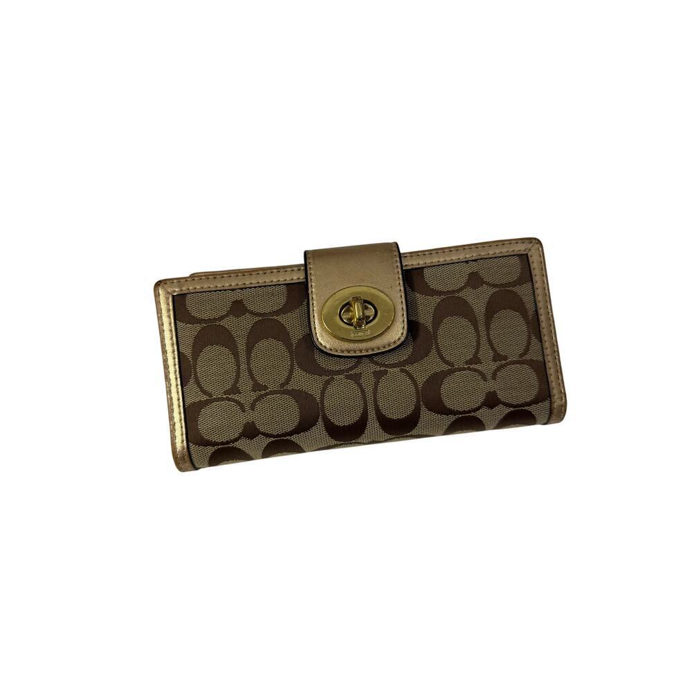 Coach Tan Gold 43609 Turnlock Signature Pattern Wallet GS